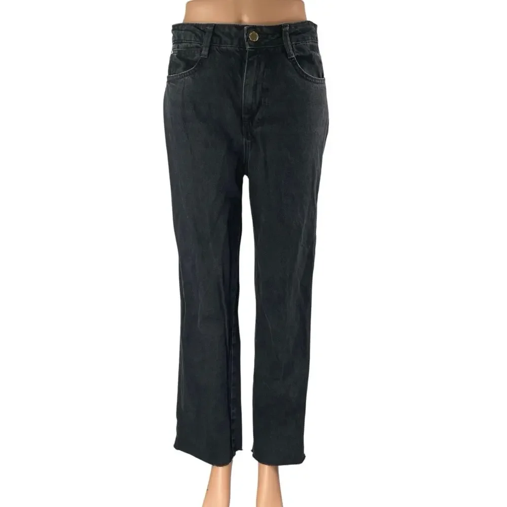Zara Women's Black High Waisted Straight Leg Frayed Raw Hem Denim Jeans Size 6